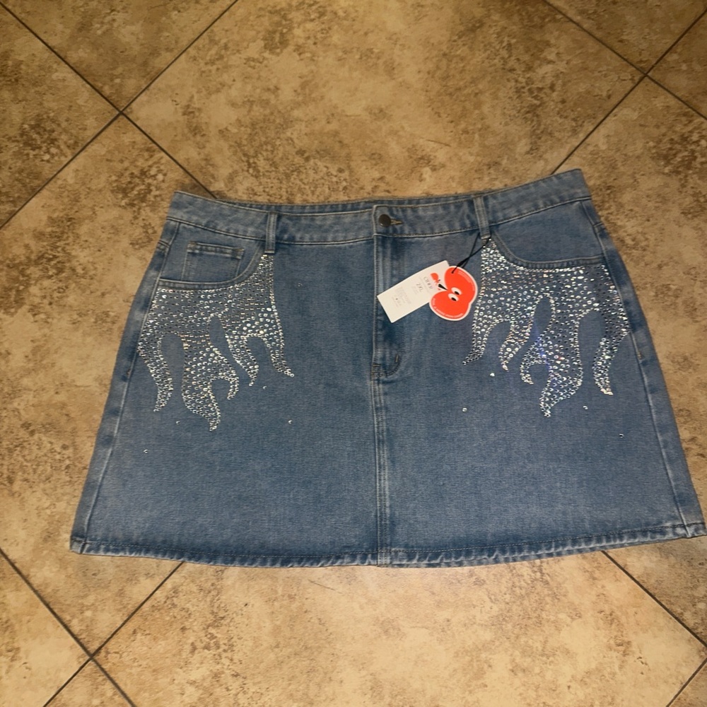 Cider-Blue Denim A-Line Skirt with Crystal Flame Embellishments